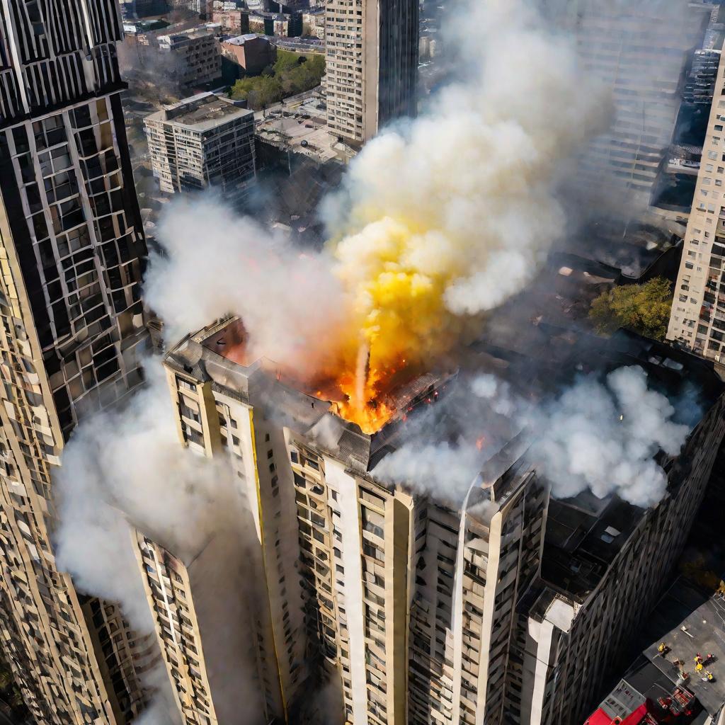 Птичий взгляд на горящий небоскреб и пожарных.