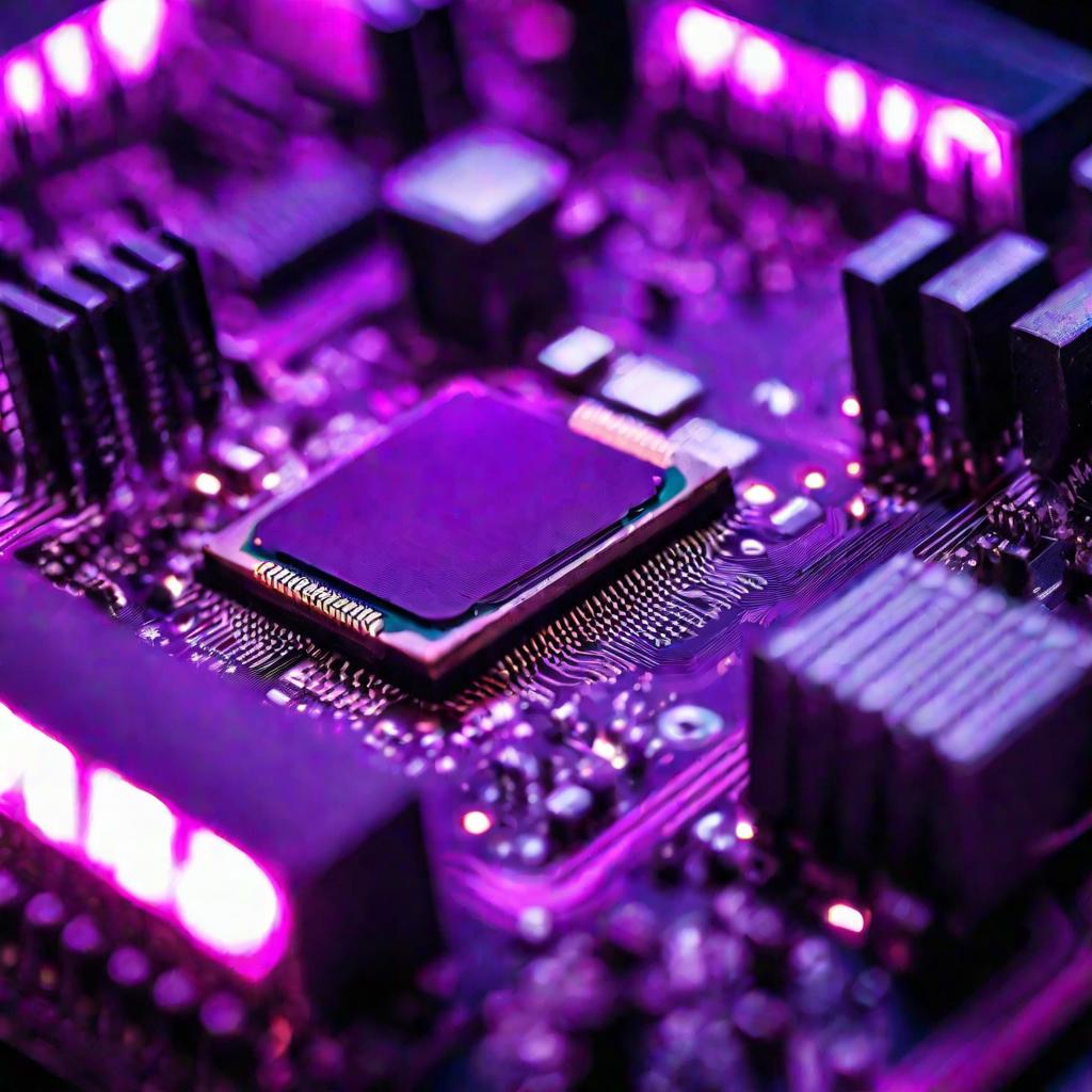 Материнская плата компьютера, переполненная микросхемами, подсвеченными фиолетовым светом.