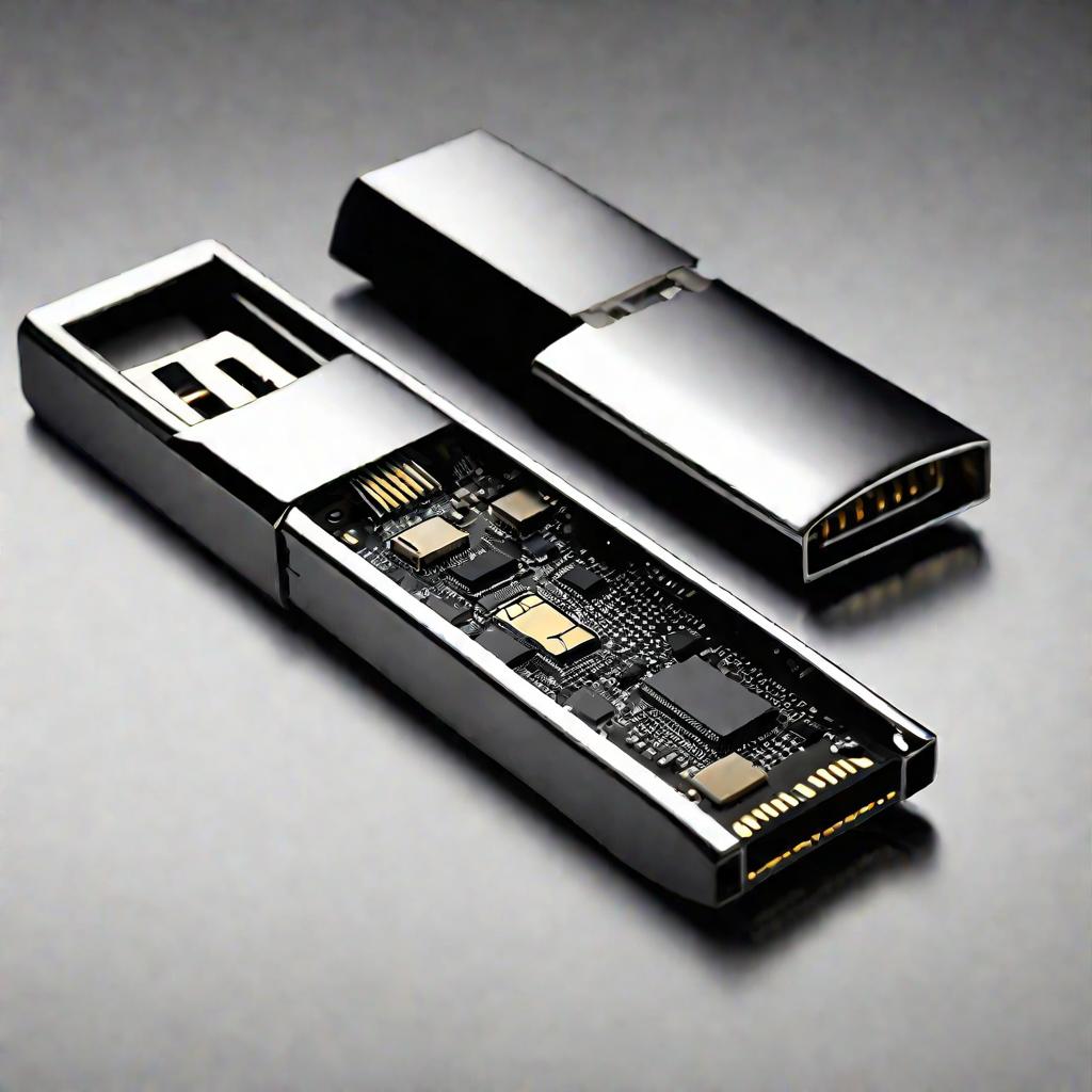 Черный USB флеш накопитель, открытый, с внутренностями на белом фоне.