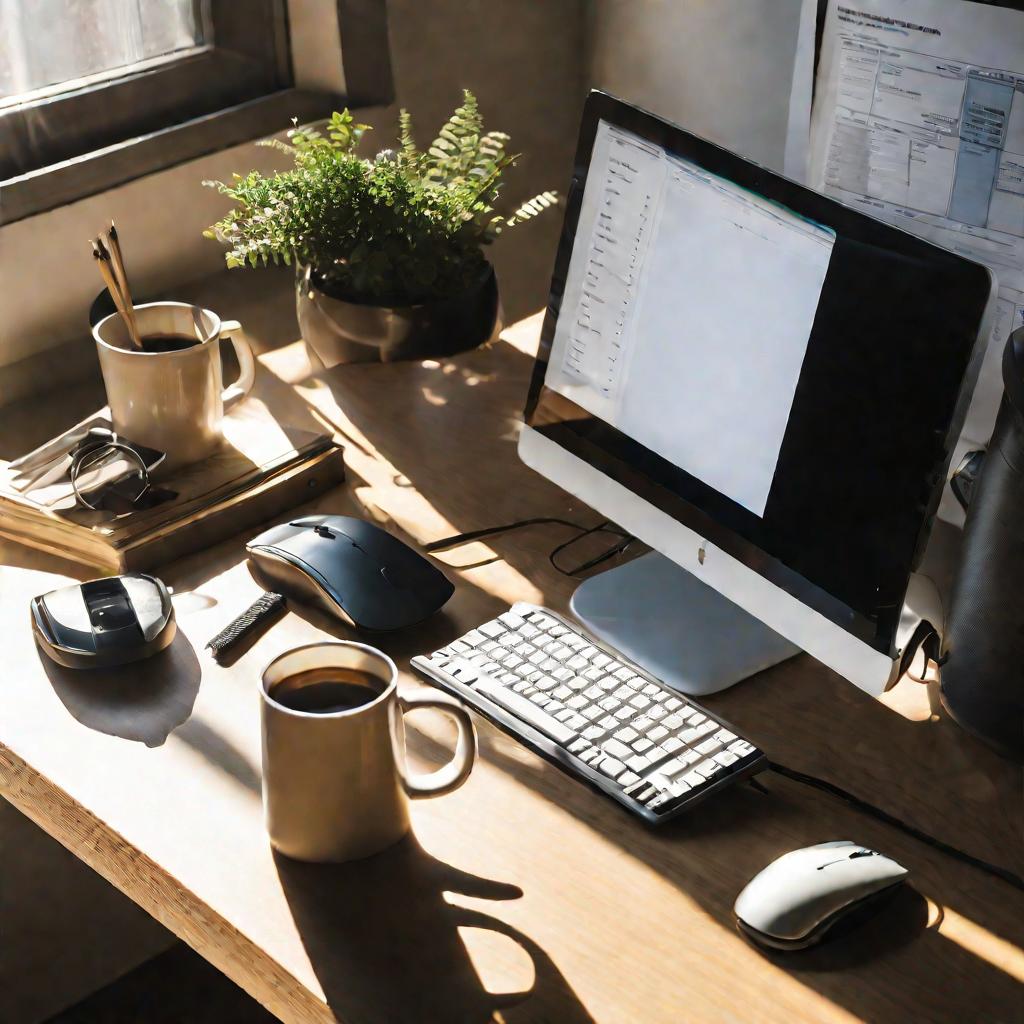 Рабочий стол в офисе с ноутбуком и кружкой кофе