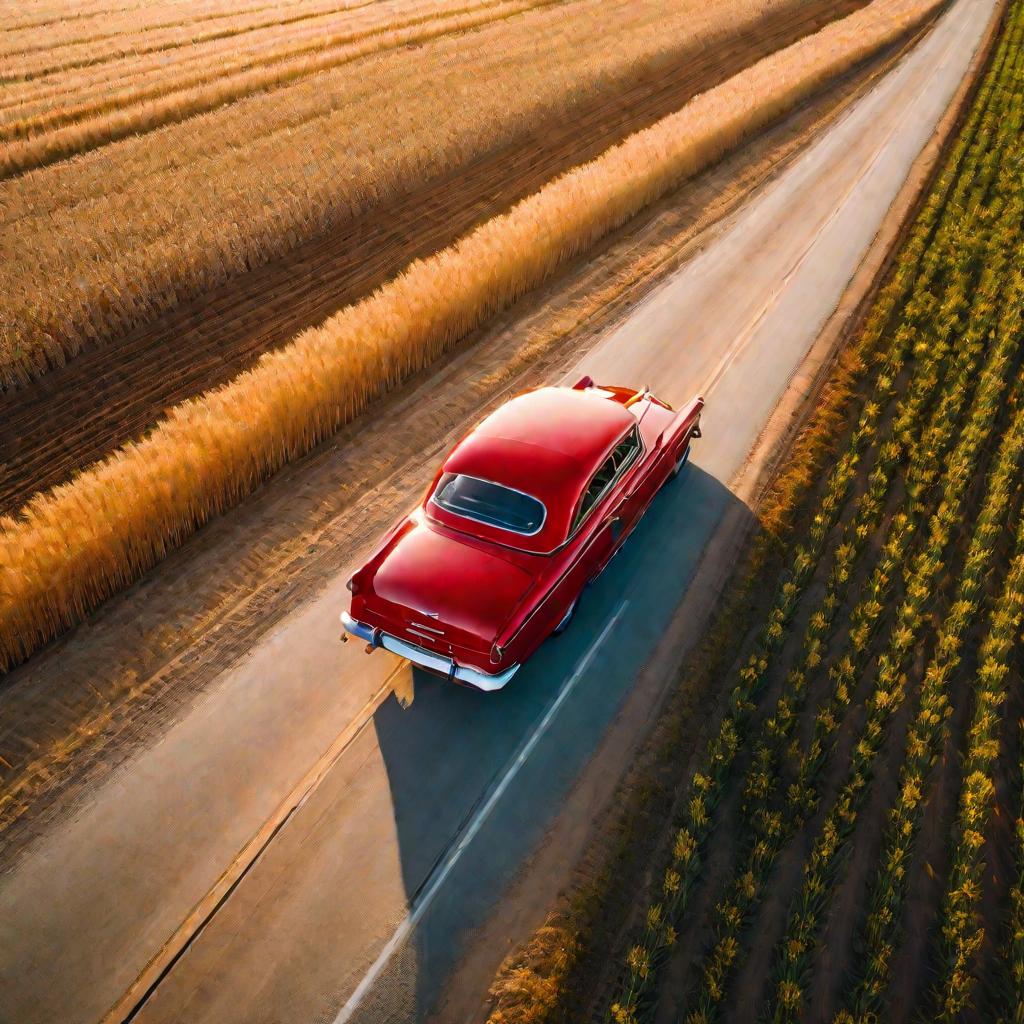 Вид сверху на красный ретро автомобиль с открытым двигателем едет по пустой дороге на закате рядом с пшеничным полем