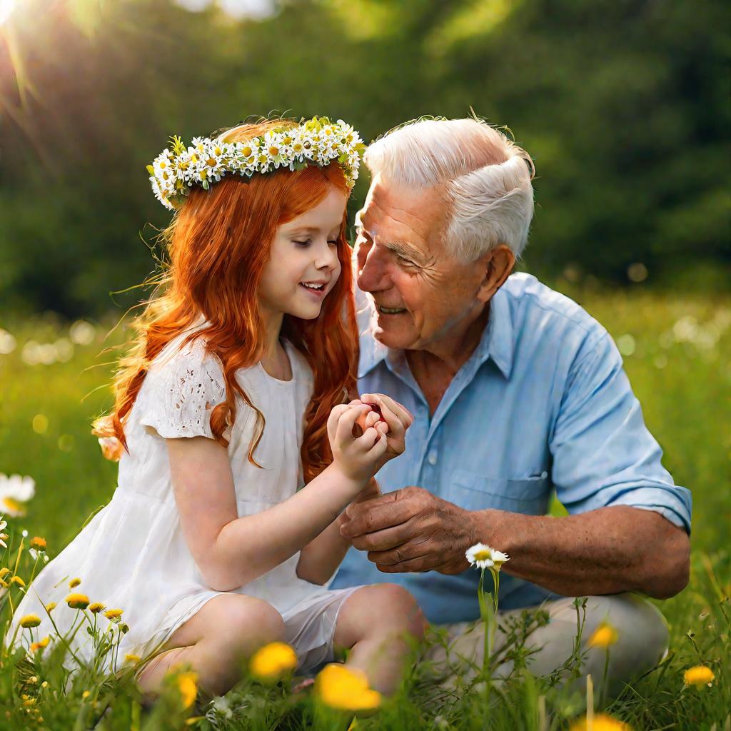 Дедушка и внучка делают венки из цветов на лугу весной