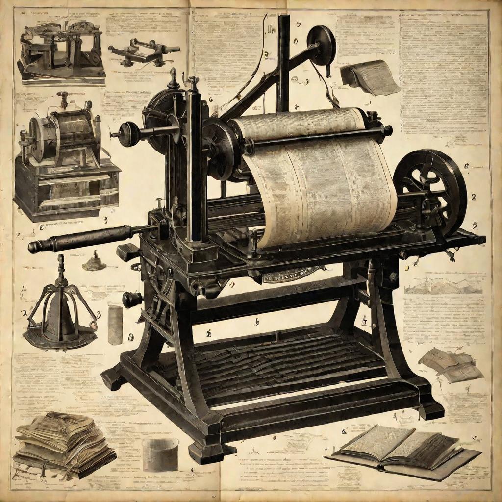 Старинный печатный станок с научными иллюстрациям