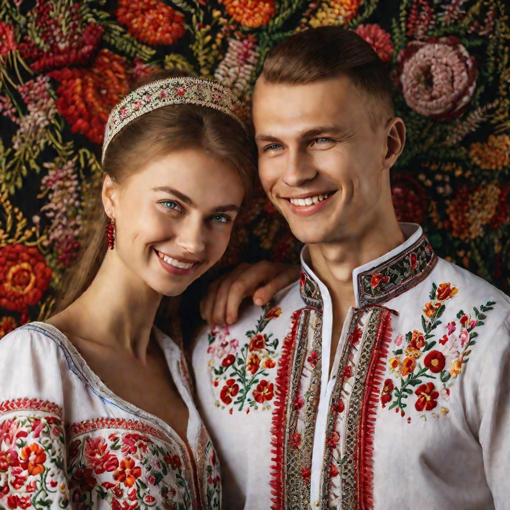 Портрет молодой русской пары в народных костюмах