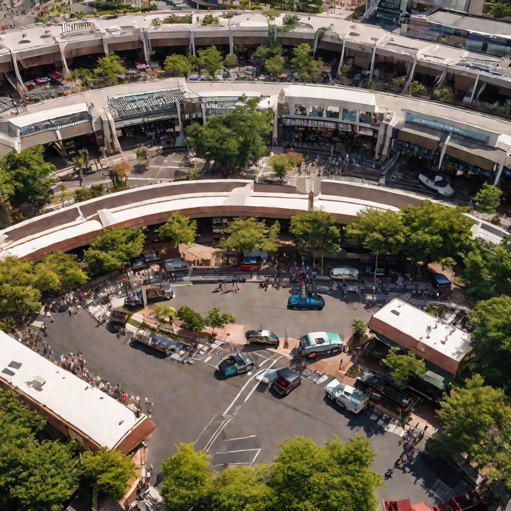Панорамный вид сверху на оживленный торговый центр в летний полуденный день