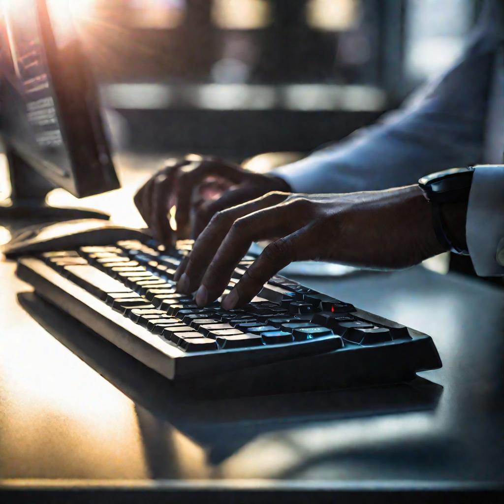 Руки печатают код на клавиатуре ультрасовременного рабочего места.