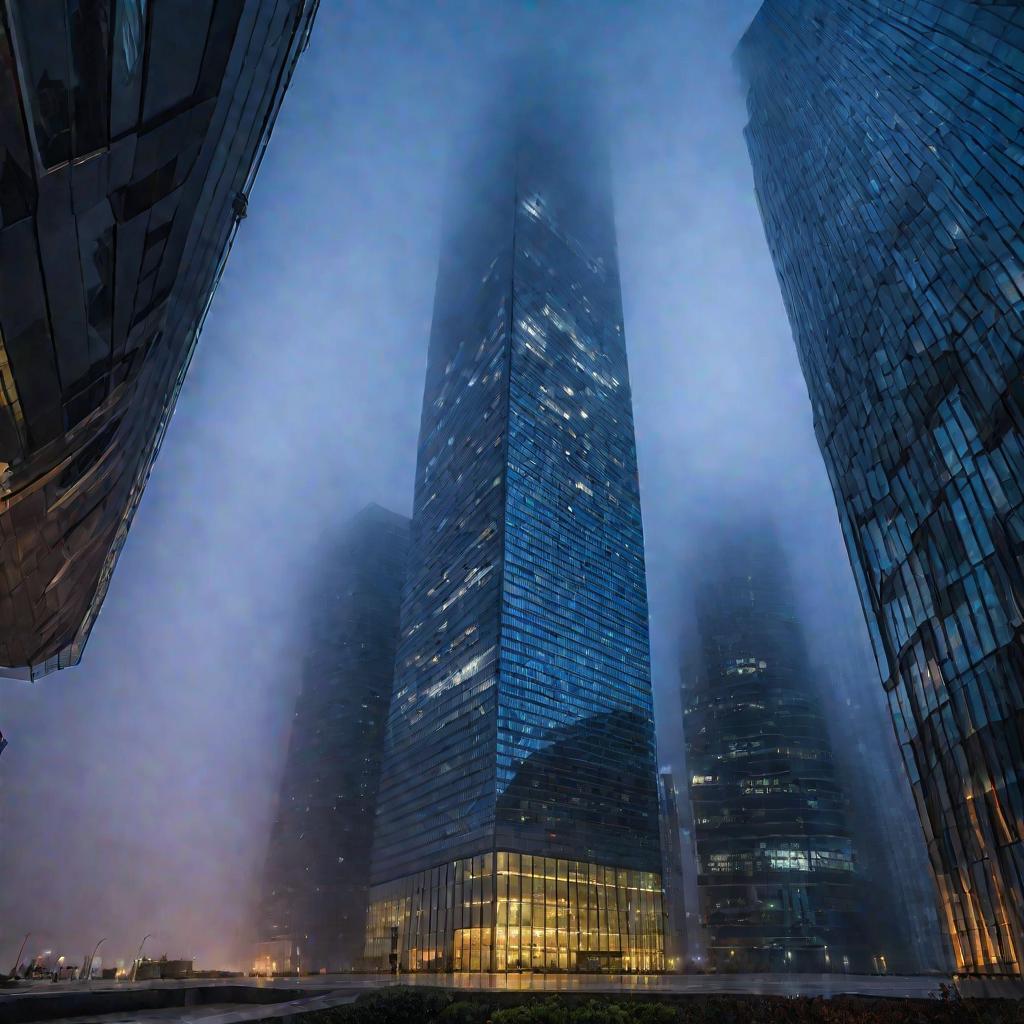 Городской пейзаж с небоскребами в тумане
