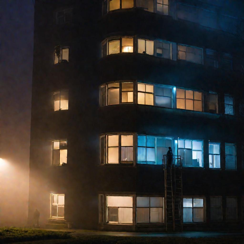 Темный силуэт мужчины на фоне окна квартиры в тумане, он разбирается почему не включается микроволновка