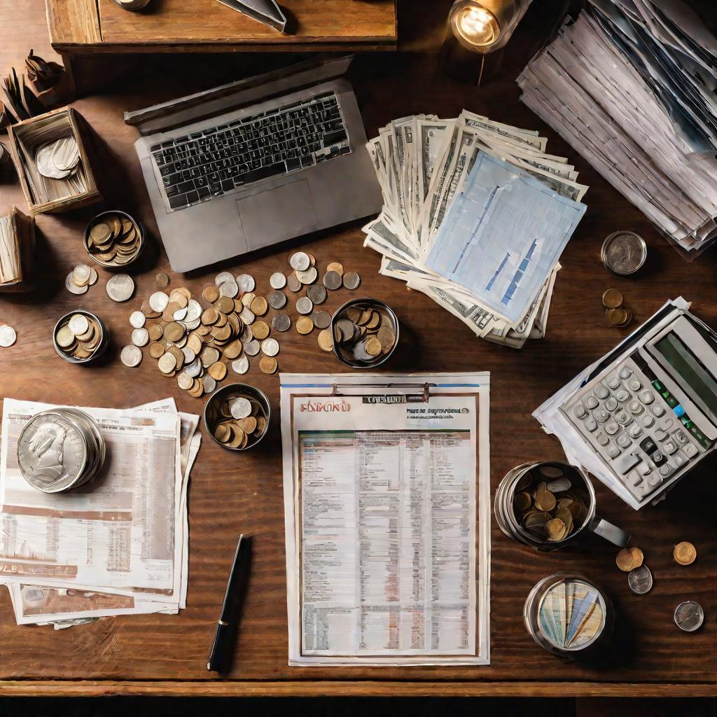 Вид сверху на стопки монет, банкнот, графиков и диаграмм, разбросанных по деревянному офисному столу. Теплый естественный свет падает из окна слева.