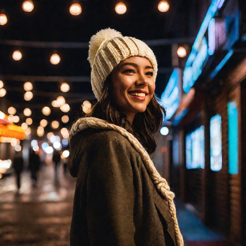 Девушка в вязаной шапке идет по ночной улице