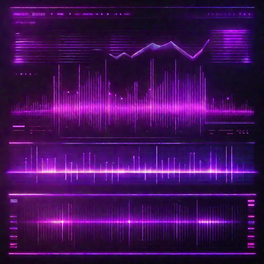 Светящийся футуристический голографический интерфейс с яркими неоново-фиолетовыми полосами эквалайзера и визуализацией звуковых волн в кинематографическом стиле научной фантастики, отражающий тему цифровых аудиодрайверов