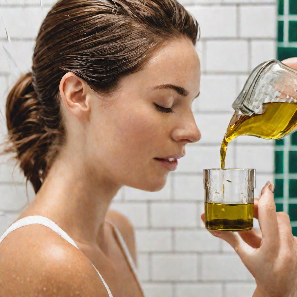 Женщина смывает медово-оливковую маску для волос