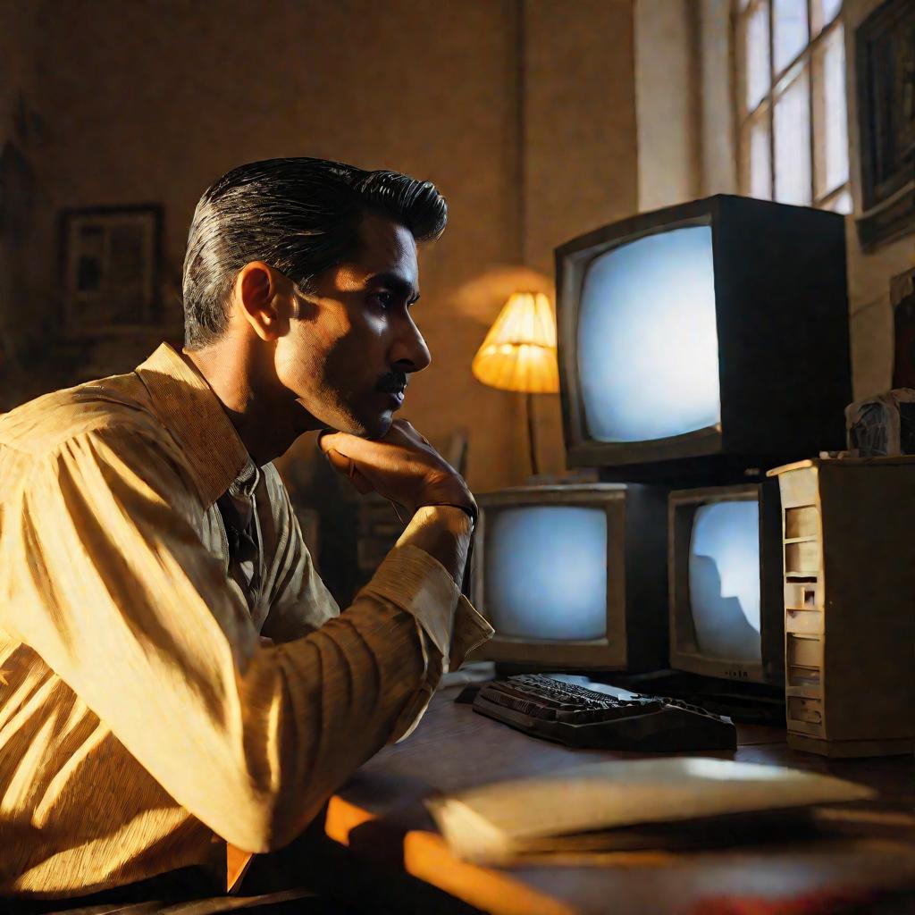 Портрет мужчины за старым компьютером просматривает временные файлы
