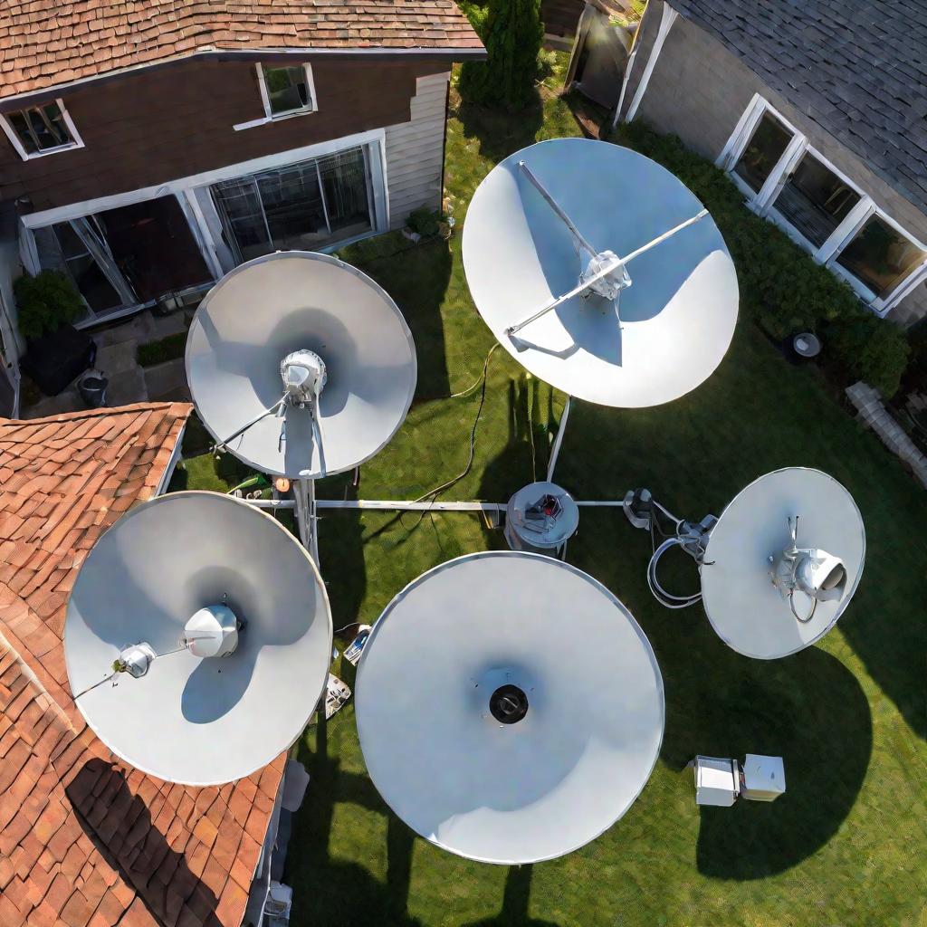Вид сверху на оборудование для спутниковой антенны на крыше дома.