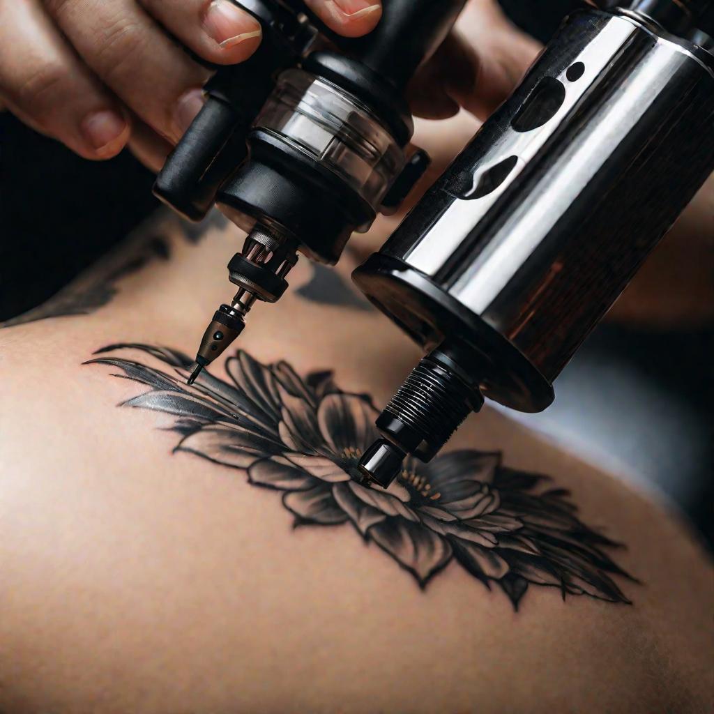 Процесс нанесения тонкой черной татуировки