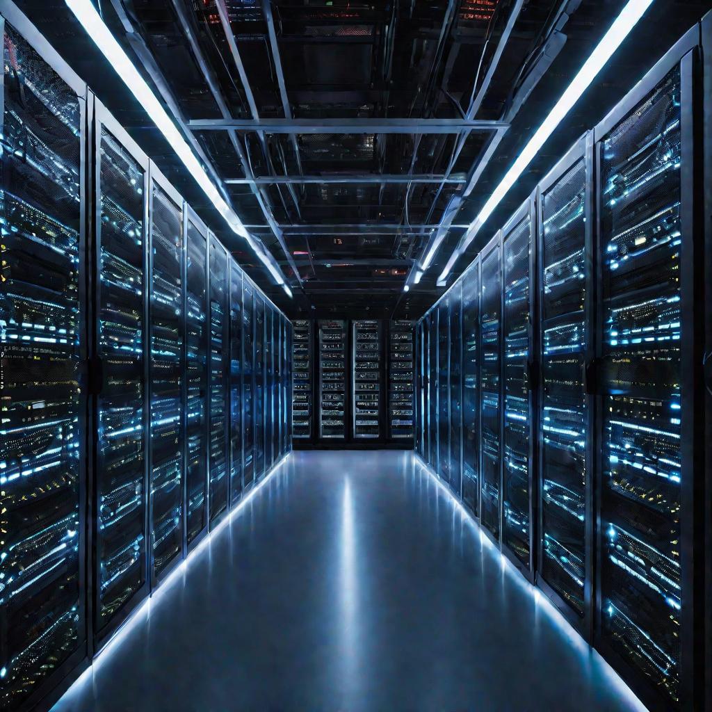 Широкий вид сверху на серверные стояки, выстроенные рядами в слабо освещенном серверном зале, мигающие светодиодами, передающий масштабное впечатление от цифрового архива.