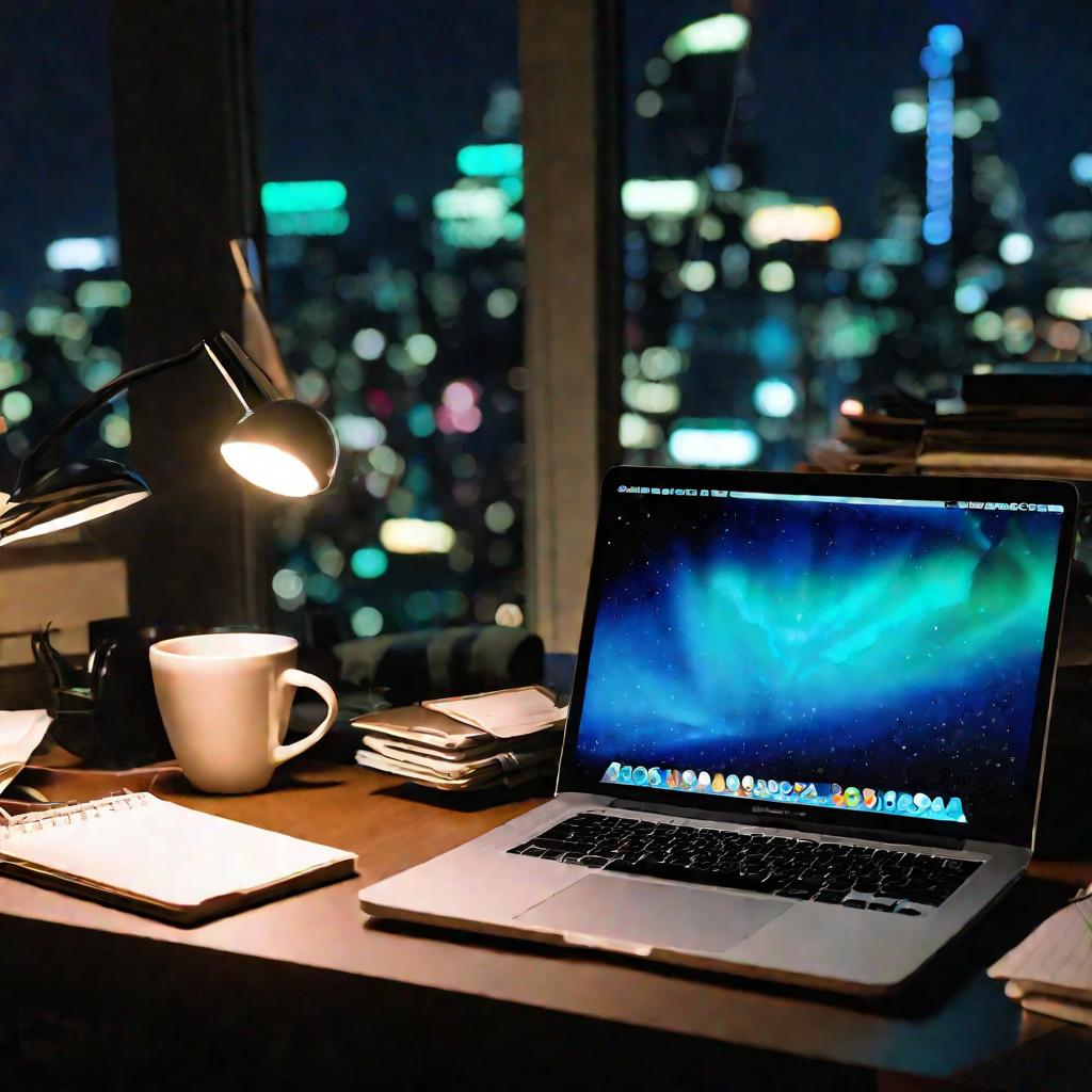 Ночной вид рабочего стола с ноутбуком