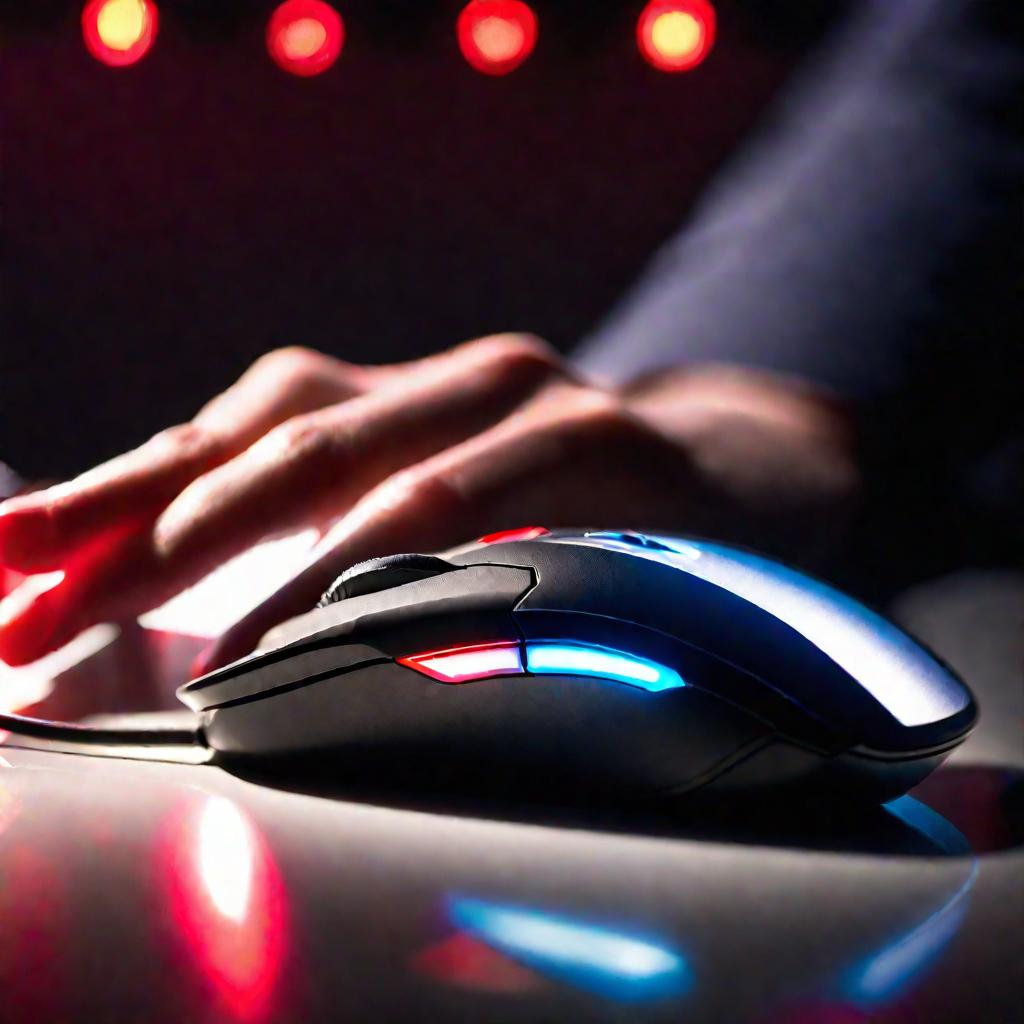 Крупный план руки, держащей компьютерную мышь с красным светящимся освещением на фоне абстрактного темного фона.