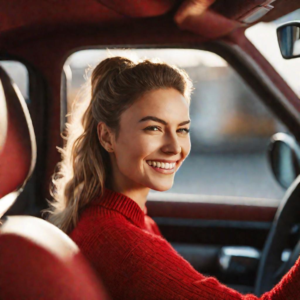 Портрет улыбающейся девушки-водителя.
