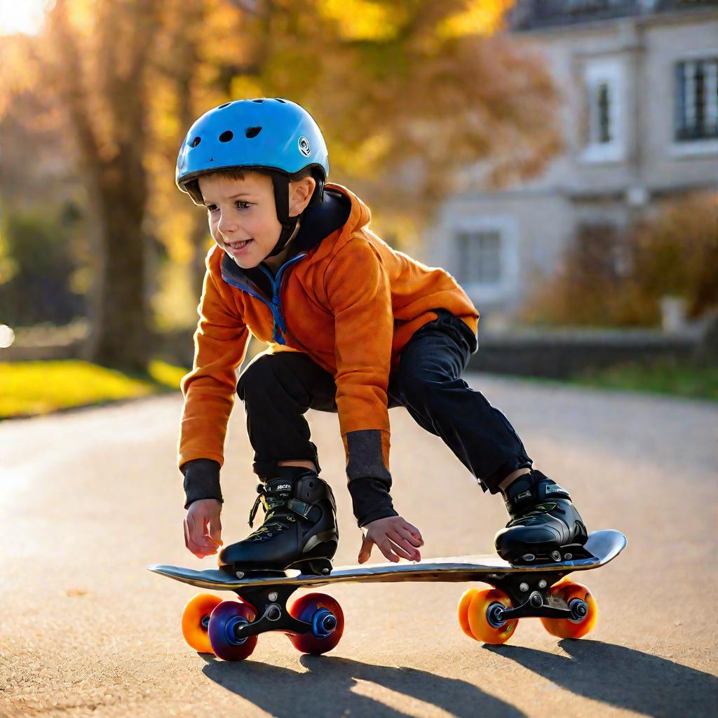 Мальчик учится кататься на роликах на бетонной площадке осенью