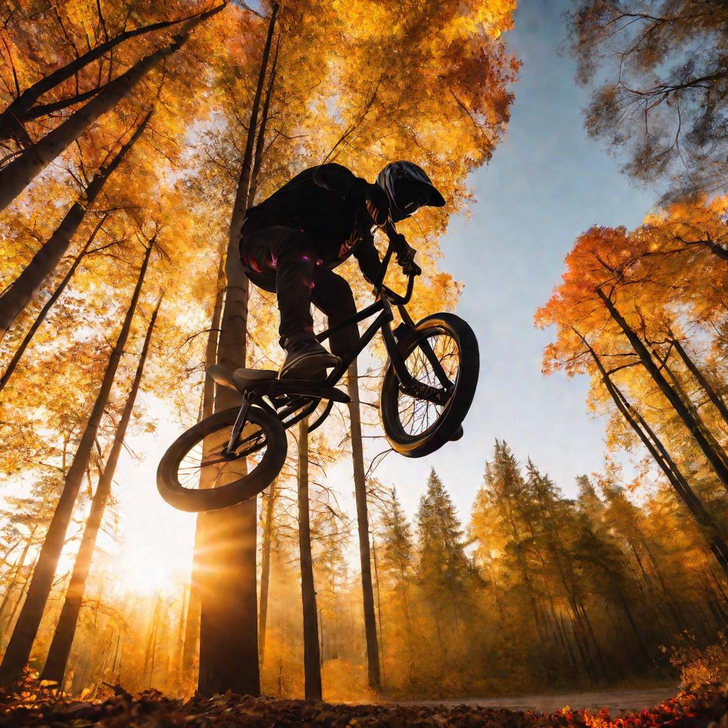 Велосипедист за закатом в осеннем лесу в прыжке над золотыми лучами