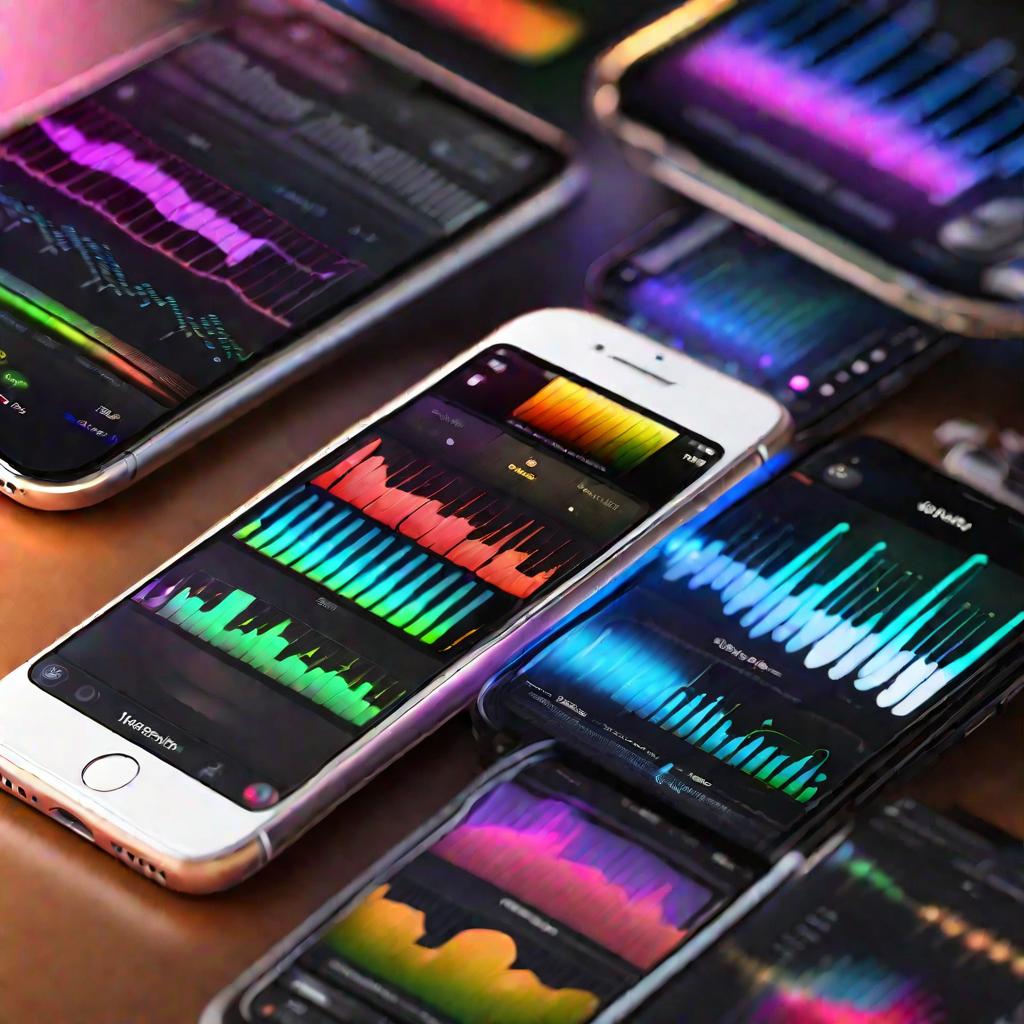 Вид сверху на экран iPhone с приложением GarageBand для создания собственных рингтонов. Интерфейс приложения красочный, фон размыт, освещение мягкое направленное.