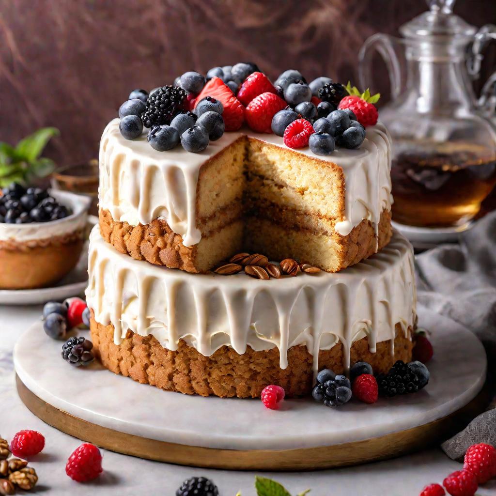 Бисквитный торт с кремом, ягодами и орехами