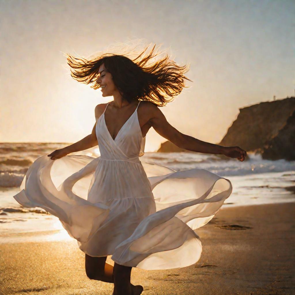 Женщина с длинным бобом танцует на пляже на закате в белом платье