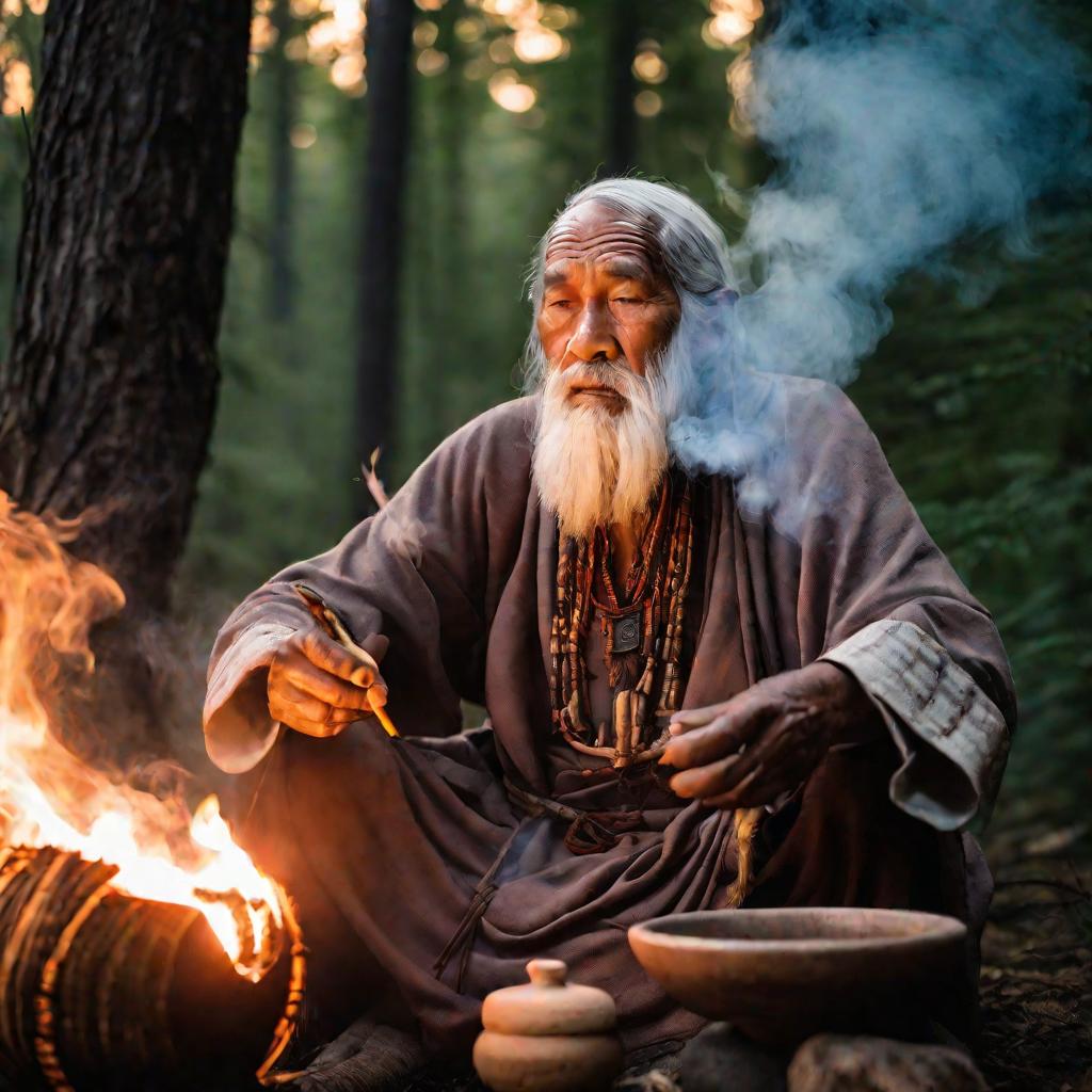 Портрет старого знахаря в лесу в сумерках, варящего в глиняной чаше светящийся эликсир над костром среди деревьев
