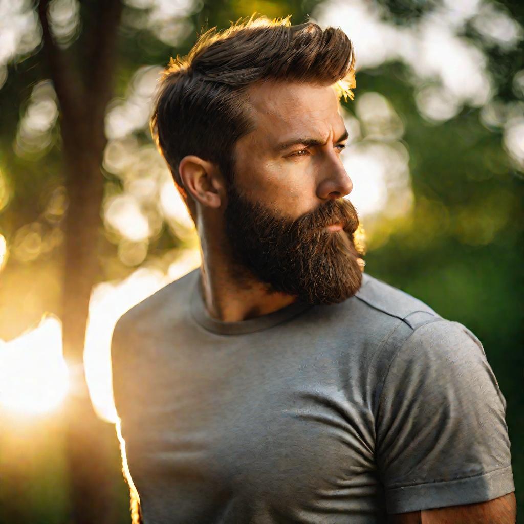 Бородатый мужчина аккуратно подстригает бороду триммером на фоне размытой зеленой растительности в теплых лучах заходящего солнца