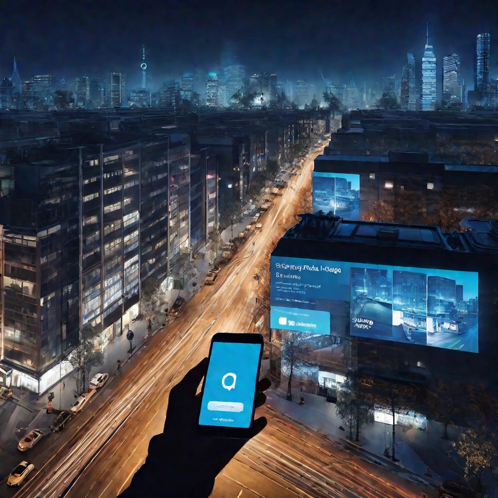 Вид города ночью с человеком, смотрящим в телефон со страницей входа в Skype