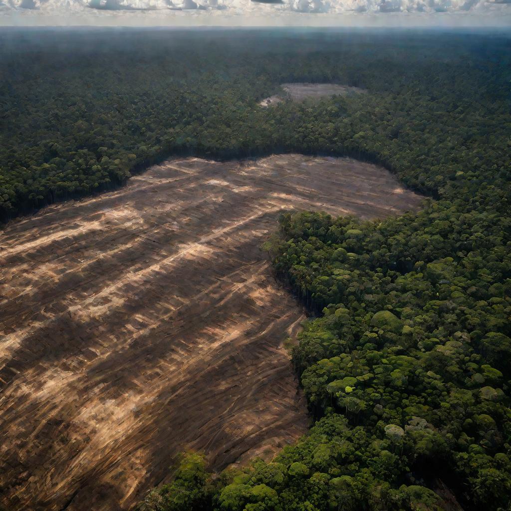 Драматичный вид с высоты на огромный участок амазонского тропического леса, где сотни деревьев недавно срублены, оставив голые пятна выжженной земли. Жаркое летнее солнце безжалостно светит на опустошенный пейзаж.