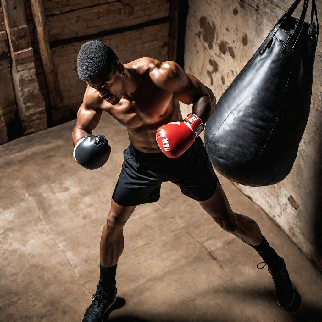 Тренировка боксера на скоростном мешке в старом зале.