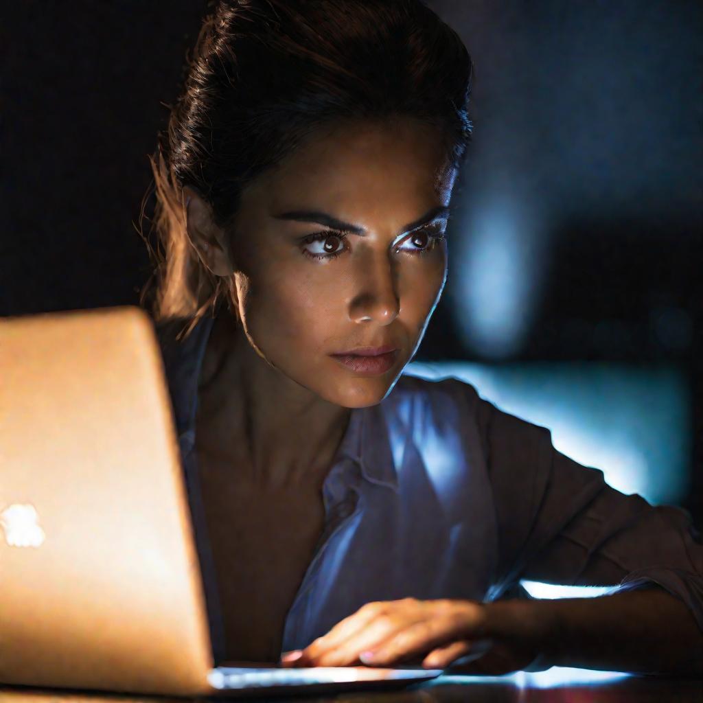 Женщина сосредоточенно пытается решить проблему с доступом к сайту на ноутбуке
