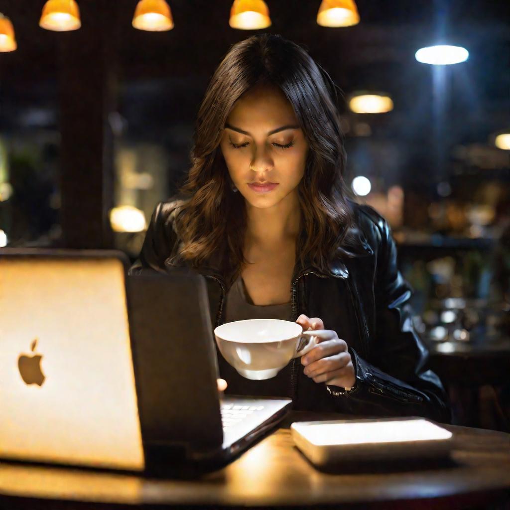 Девушка печатает на нетбуке в кафе