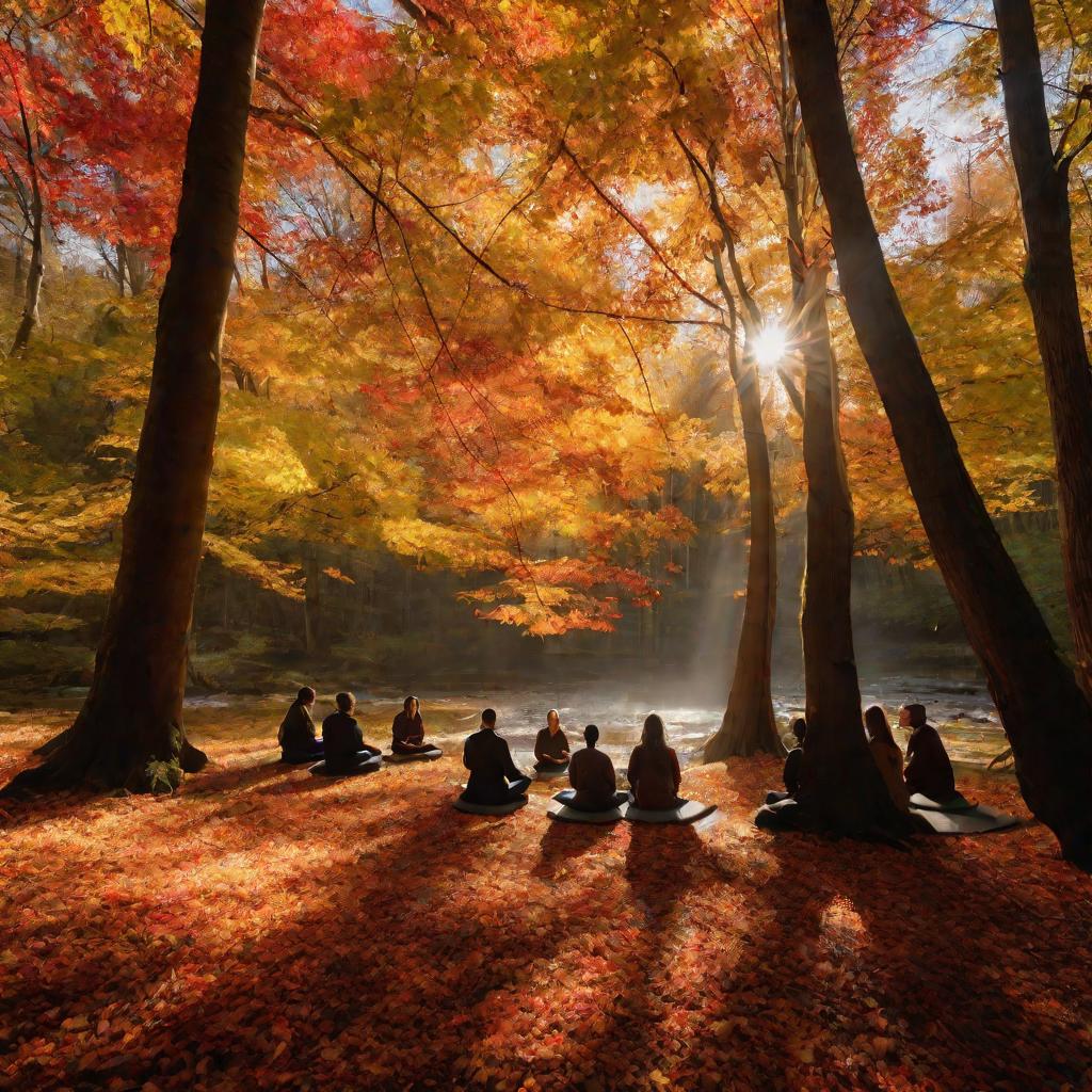 Лес, группа людей медитирует