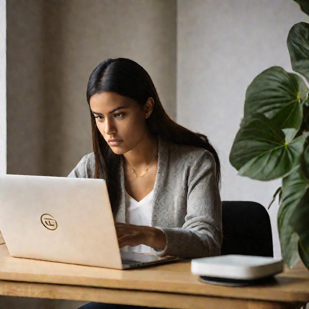 Средний план: молодая женщина сидит за столом и использует ноутбук. Ноутбук открыт, на экране веб-версия Gmail. Женщина сосредоточенно смотрит на экран, одна рука на трекпаде