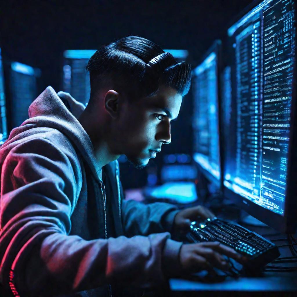 Драматический крупный портет молодого хакера у компьютера