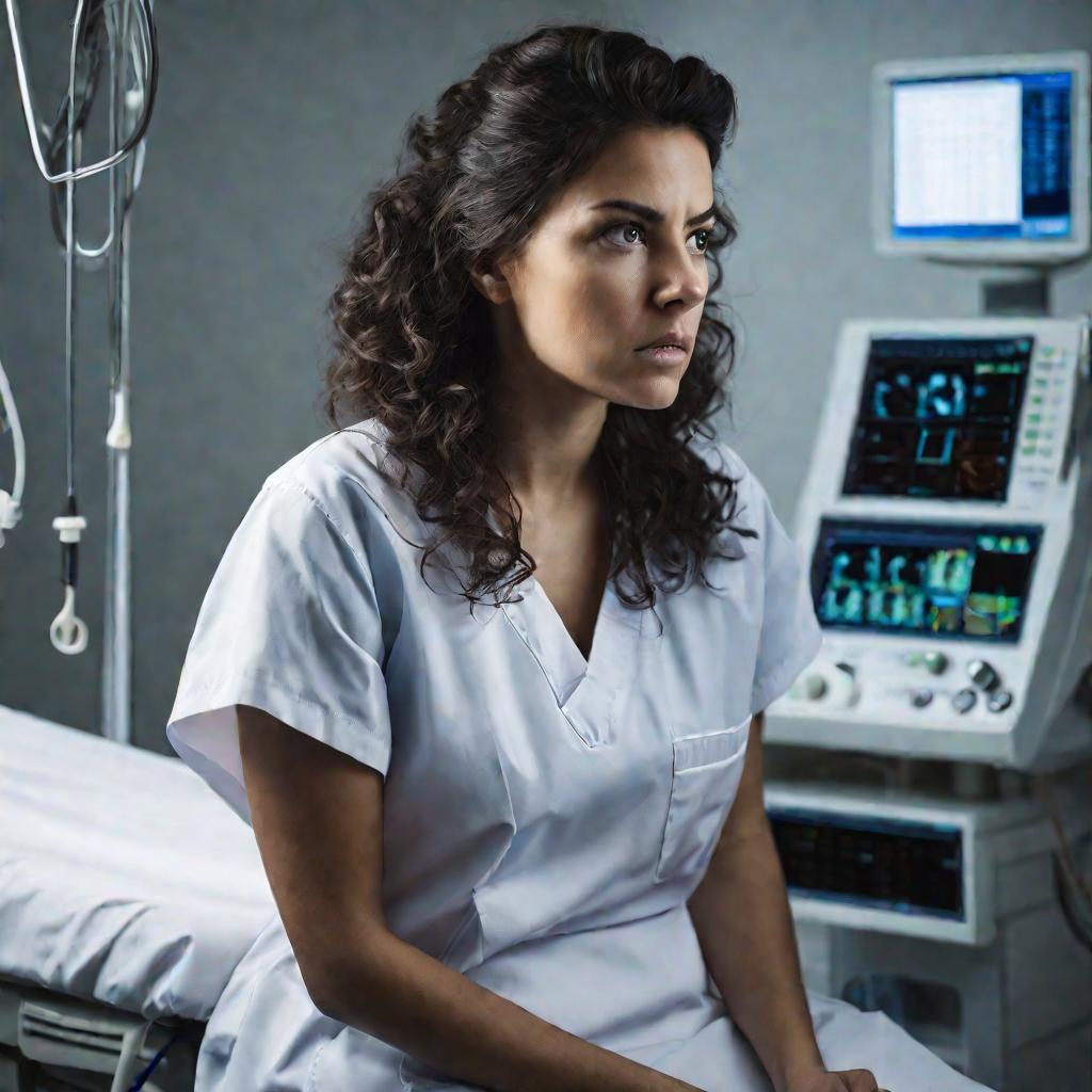 Портрет обеспокоенной молодой женщины с темными волнистыми волосами, сидящей в больничной рубашке рядом с медицинским оборудованием, тревожно смотрящей вниз и хмурящейся, держащейся за живот, освещенной мягким естественным светом сбоку в кабинете гинеколо