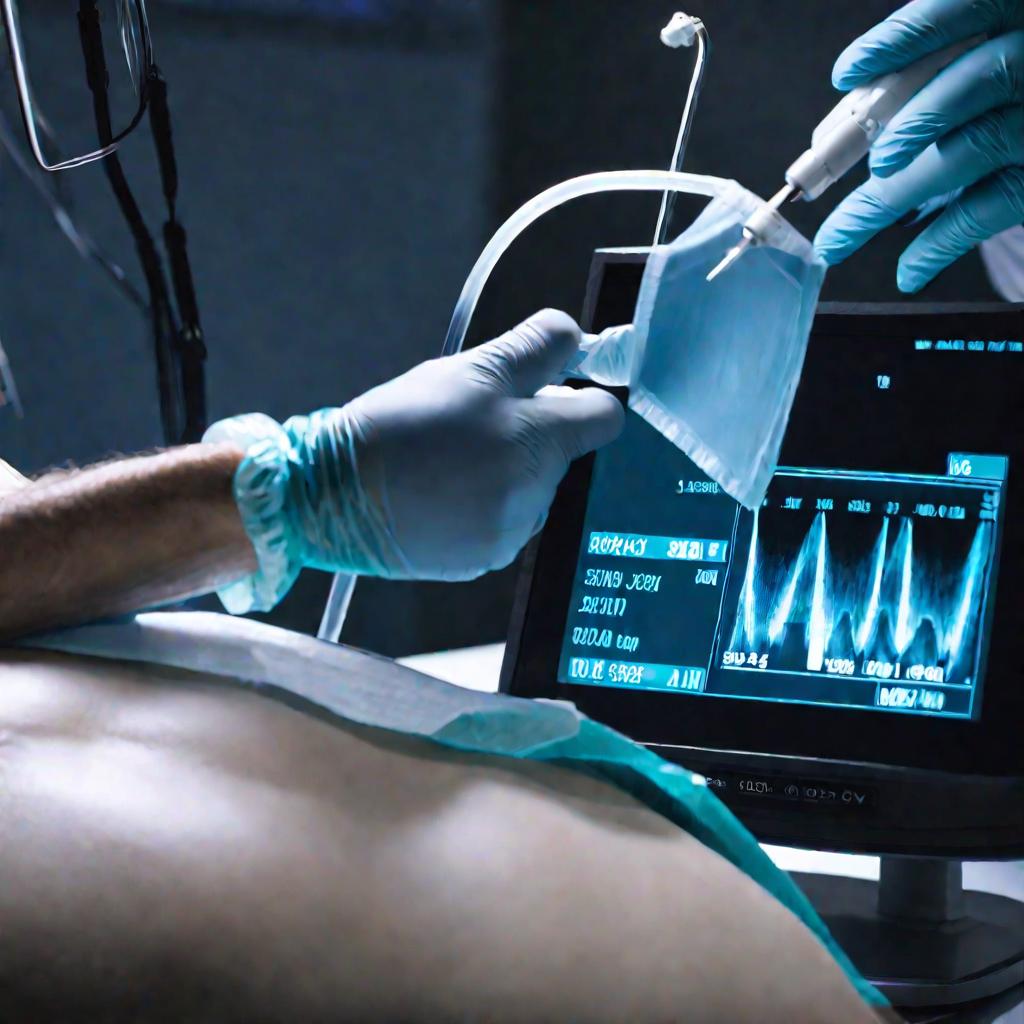 Крупный кинематографический план врача в медицинской одежде и перчатках, нежно прижимающего ультразвуковой датчик к животу пациентки, покрытому гелем, одновременно изучающего результаты на мониторе, с мягким студийным освещением