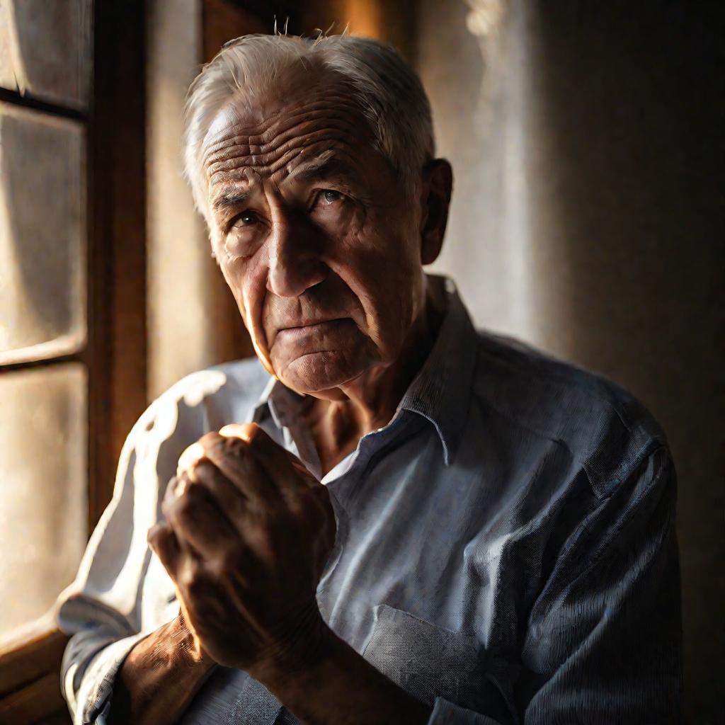 Портрет пожилого мужчины, морщащегося от боли в правой руке