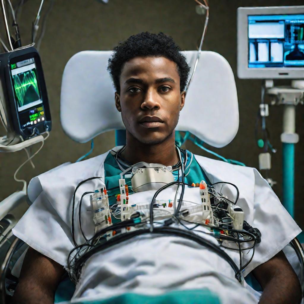 Портрет молодого человека с имплантированным устройством поддержки левого желудочка.