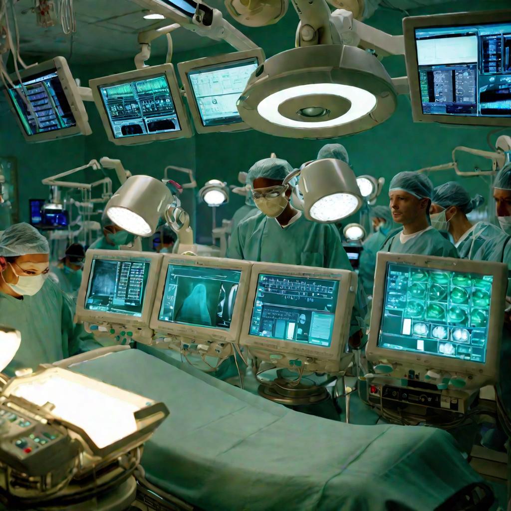 Вид операционной во время сложной сердечной операции.