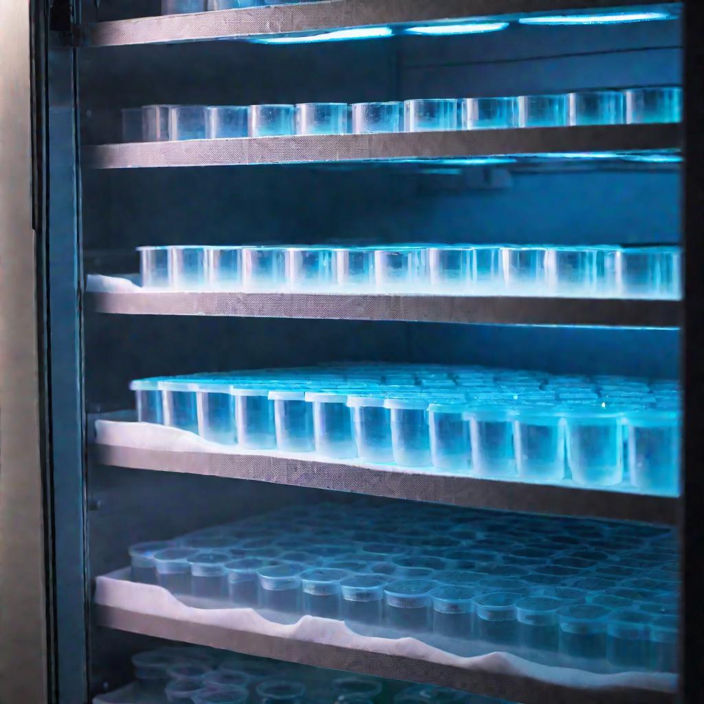 Чашки Петри с клетками в морозильнике синим цветом светятся
