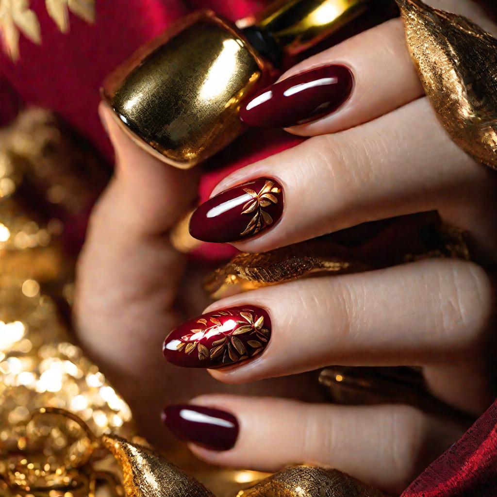 Длинные красные ногти, украшенные золотыми накладками