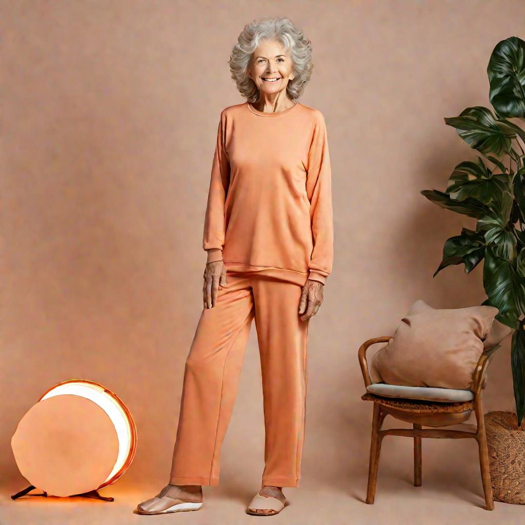 Пожилая женщина стоит на диске улыбается