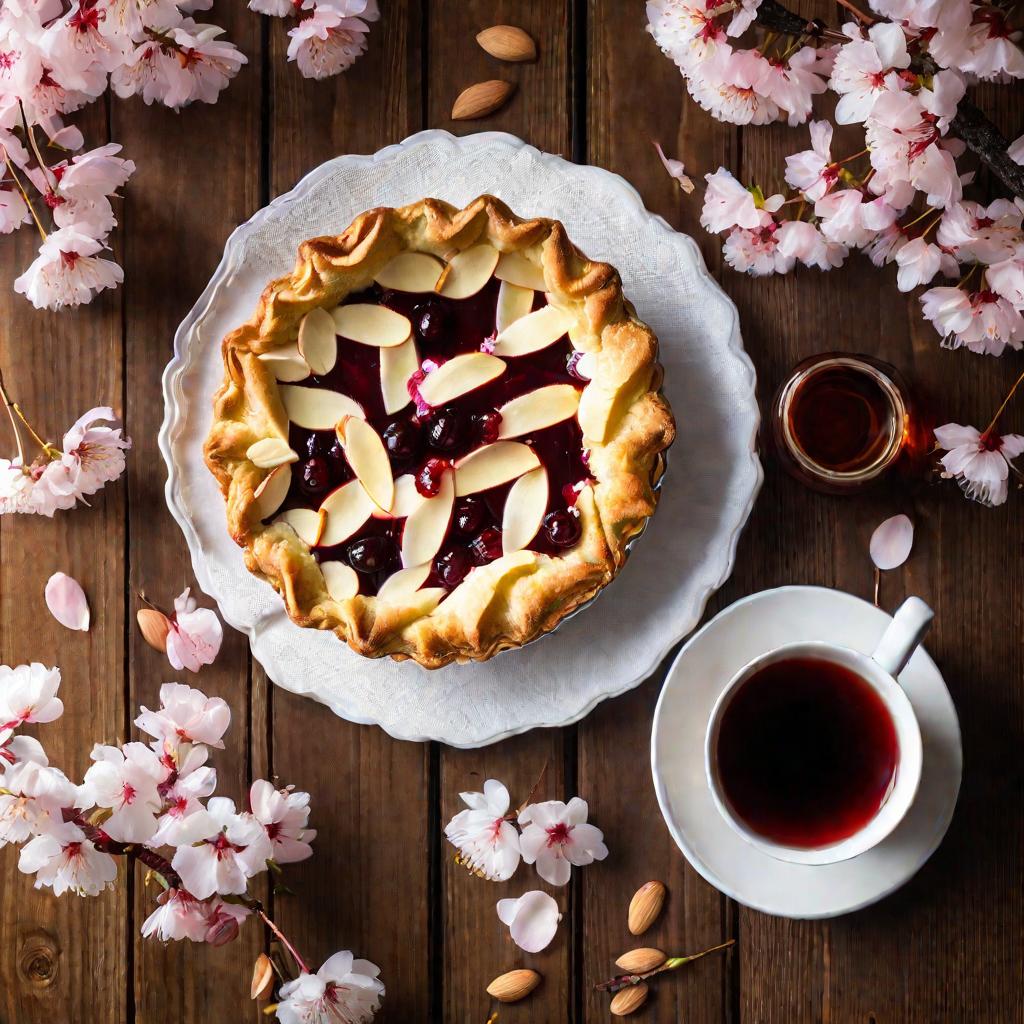 Открытый пирог с вишневым вареньем, сливками и миндалем на деревянном столе в теплом свете