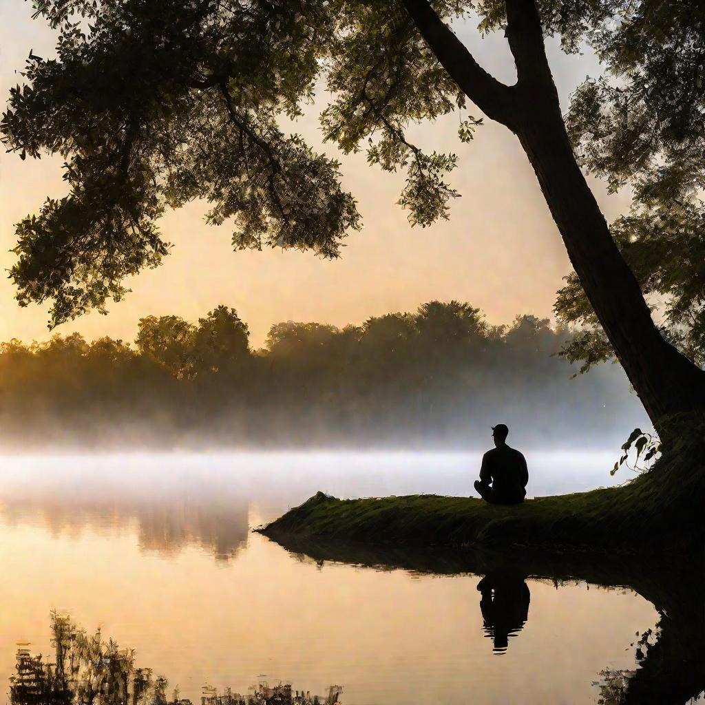Мужчина, медитирующий на берегу озера на рассвете