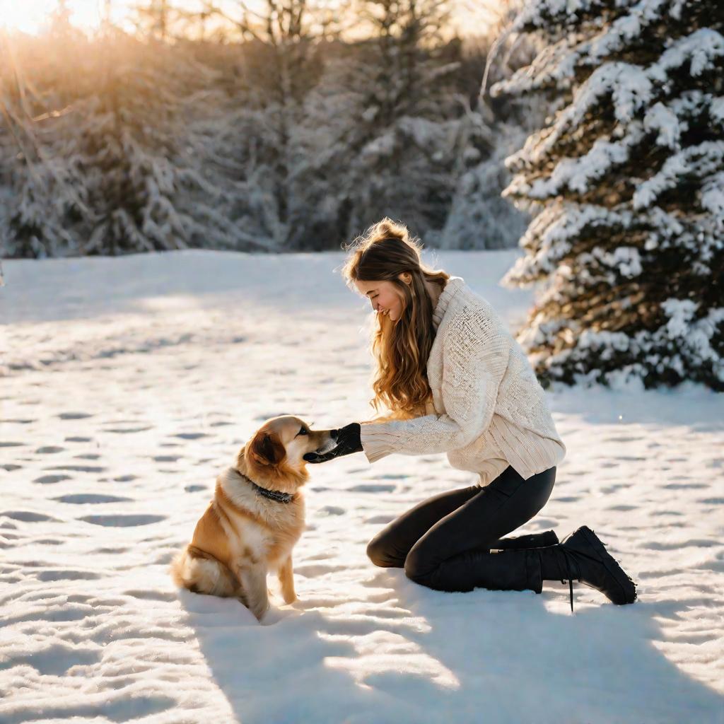 Женщина одевает собаку в сапожки на снежном поле