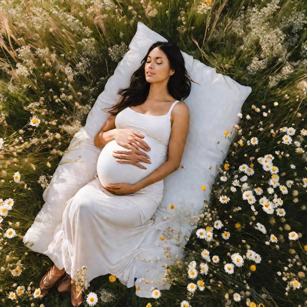 Беременная женщина среди цветов на лугу.